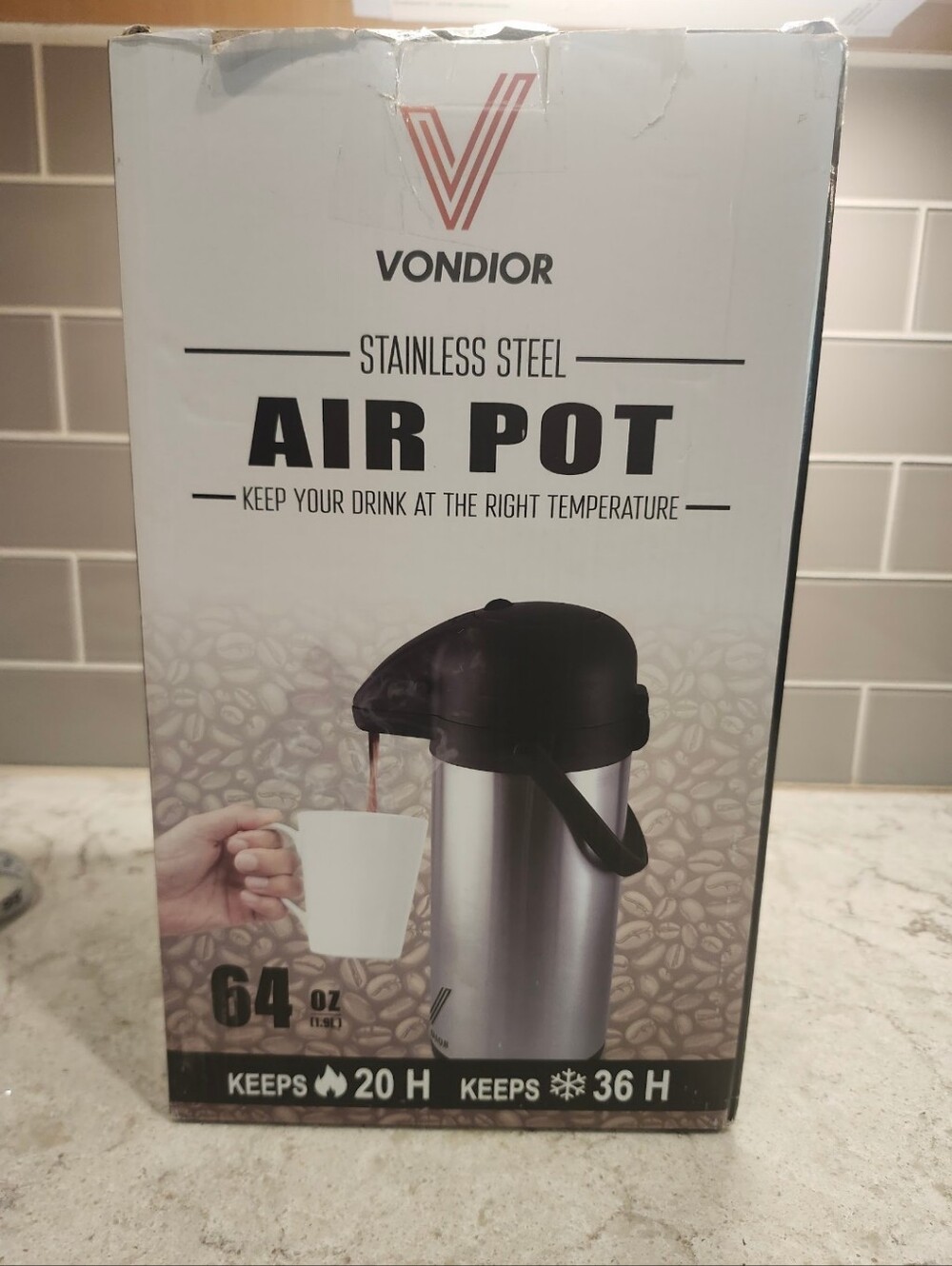 Vondior Airpot Stainless Steele Insulated Pump Dispenser Coffee Carafe 64oz NWB